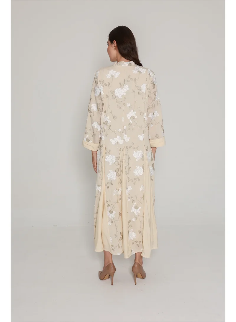 IKKXA Floral Embroidered Modern Jalabiya IK01 Beige