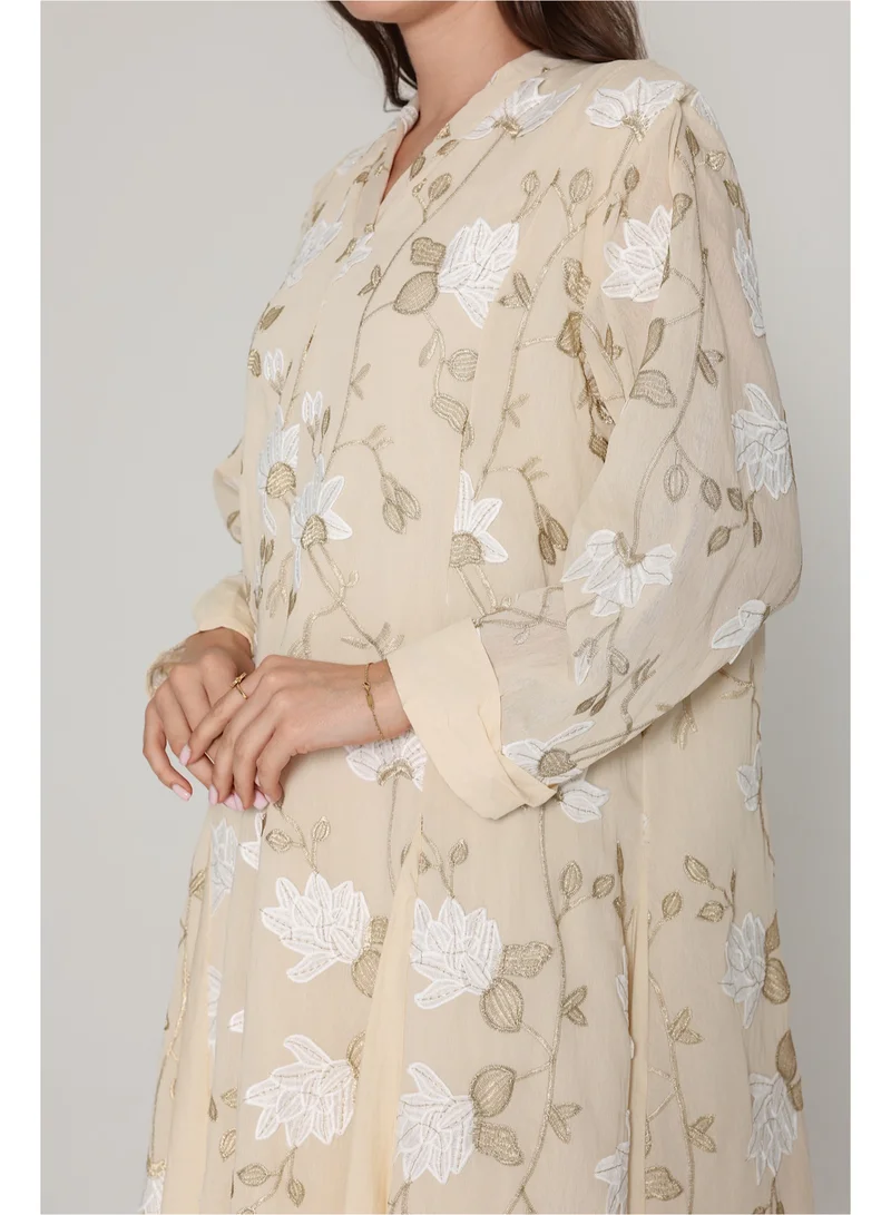 IKKXA Floral Embroidered Modern Jalabiya IK01 Beige