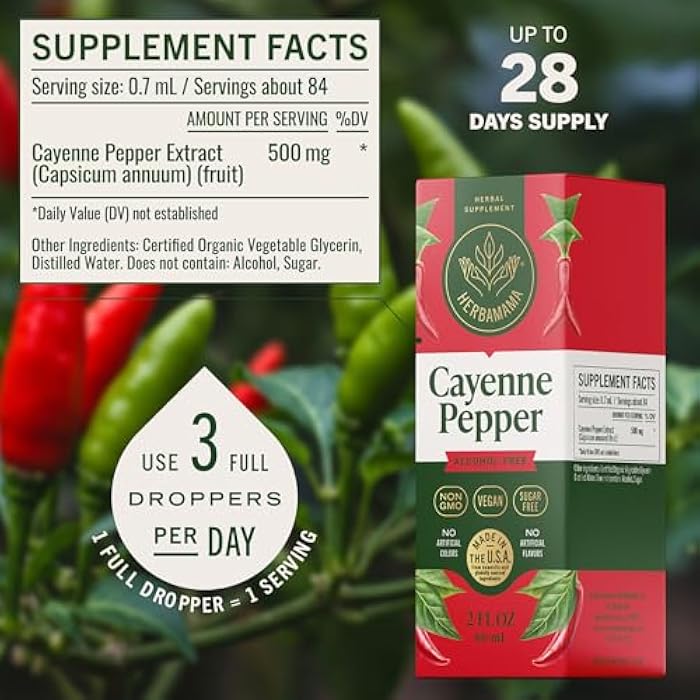 HERBAMAMA Cayenne Pepper Drops – Capsaicin Supplements for Metabolism & Circulation Support – Blood Sugar Support Supplement – Cayenne Pepper Extract – Non-GMO, Alcohol & Sugar-Free, 28-Day Supply - Image 3