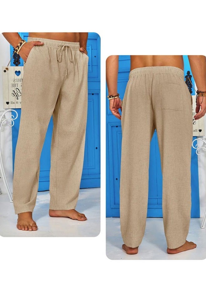 Runcati Mens Casual Linen Pants Elastic Waist Drawstring Summer Beach Pants Lightweight Loose Fit Yoga Trousers, Light Khaki, L - Image 3