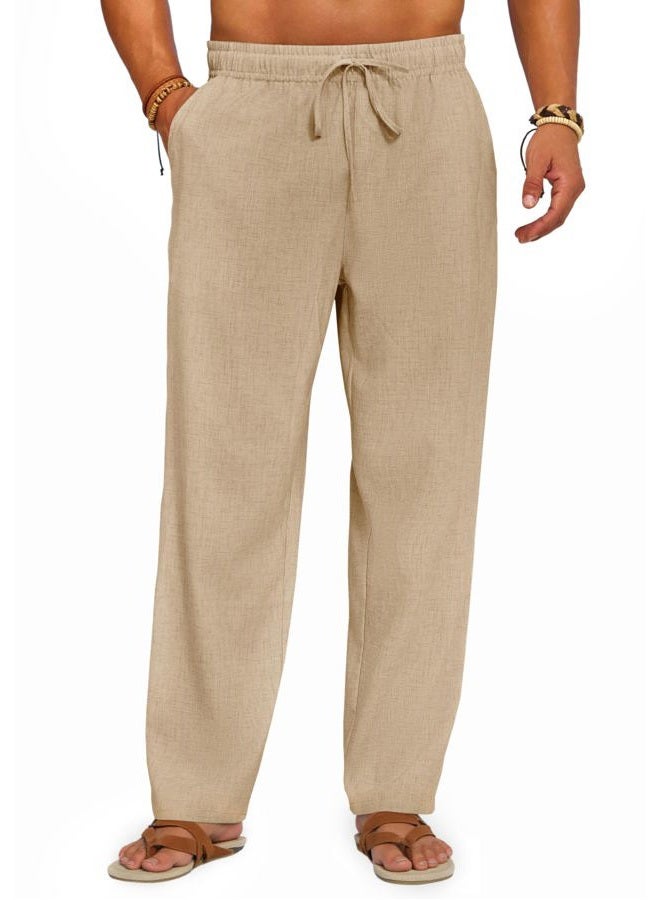 Runcati Mens Casual Linen Pants Elastic Waist Drawstring Summer Beach Pants Lightweight Loose Fit Yoga Trousers, Light Khaki, L - Image 1