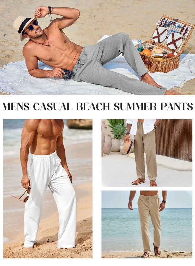 Runcati Mens Casual Linen Pants Elastic Waist Drawstring Summer Beach Pants Lightweight Loose Fit Yoga Trousers, Light Khaki, L - Image 4