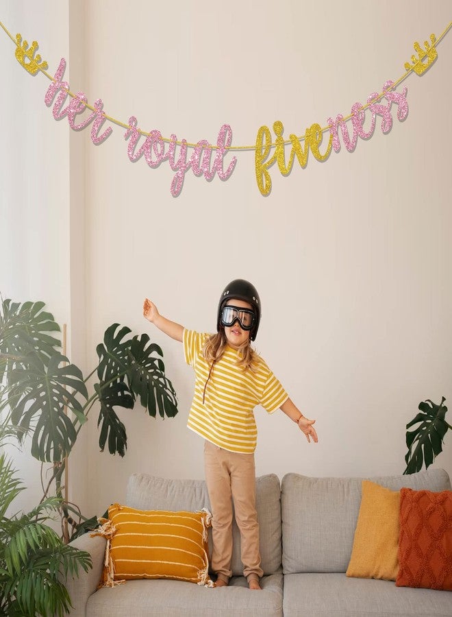 Helewilk Her Royal Fiveness Banner, Happy 5th Birthday Hanging Sign, Glittery Girls 5th Birthday Party Decoration Supplies - Image 4