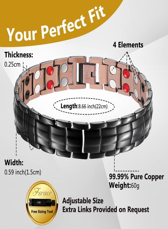 Feraco Copper Bracelet for Men,99.99% Solid Copper Magnetic Therapy Bracelets Jewelry with 4 Elements Magnets (Black) - Image 4