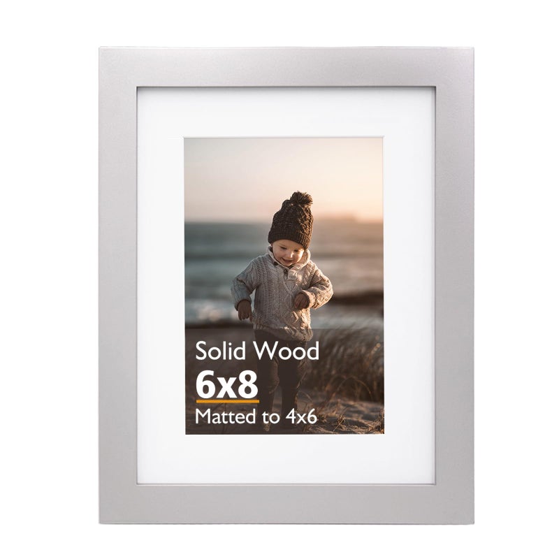 KINLINK 6x8 Picture Frame Light Grey Solid Wood Frame with Acrylic Plexiglass for Pictures 4x6 with Mat or 6x8 without Mat Tabletop and Wall Mounting Display Photo Frame 1 Pack