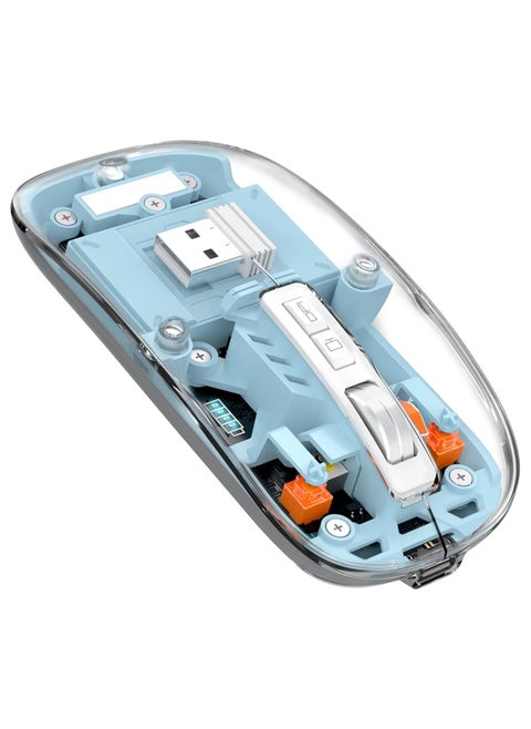 Wireless Mouse Rechargeable Crystal Transparent, Gaming Mice Adjustable DPI, Triple 2.4G Mode Switching Bluetooth 2, Silent Mouse for PC Laptops Mac iPhone Android - Light Blue
