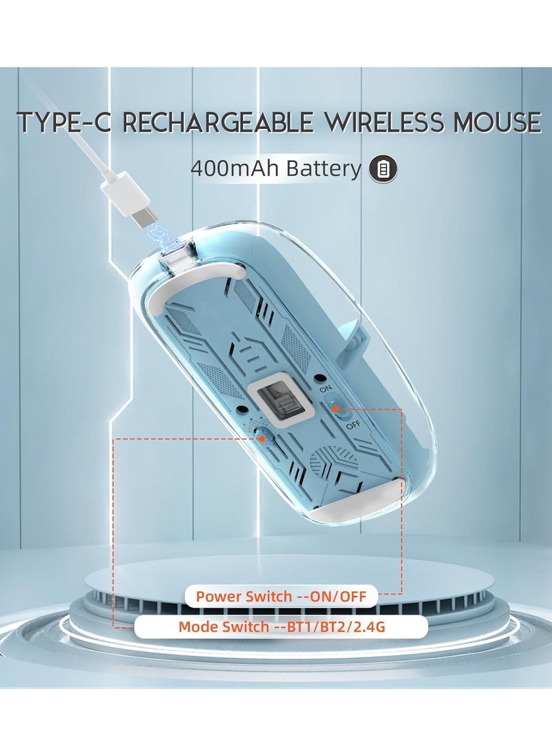 XVersion Wireless Mouse Rechargeable Crystal Transparent, Gaming Mice Adjustable DPI, Triple 2.4G Mode Switching Bluetooth 2, Silent Mouse for PC Laptops Mac iPhone Android - Light Blue  - Image 2