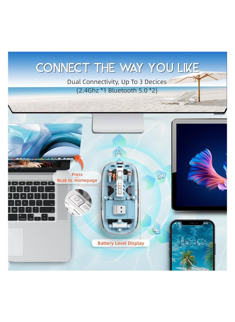XVersion Wireless Mouse Rechargeable Crystal Transparent, Gaming Mice Adjustable DPI, Triple 2.4G Mode Switching Bluetooth 2, Silent Mouse for PC Laptops Mac iPhone Android - Light Blue  - Image 4