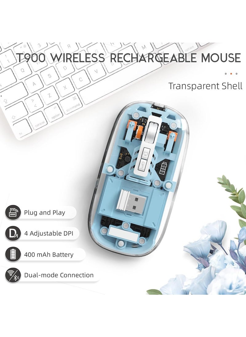 Wireless Mouse Rechargeable Crystal Transparent, Gaming Mice Adjustable DPI, Triple 2.4G Mode Switching Bluetooth 2, Silent Mouse for PC Laptops Mac iPhone Android - Light Blue