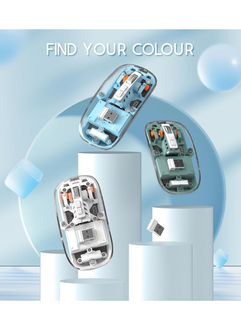 Wireless Mouse Rechargeable Crystal Transparent, Gaming Mice Adjustable DPI, Triple 2.4G Mode Switching Bluetooth 2, Silent Mouse for PC Laptops Mac iPhone Android - Light Blue