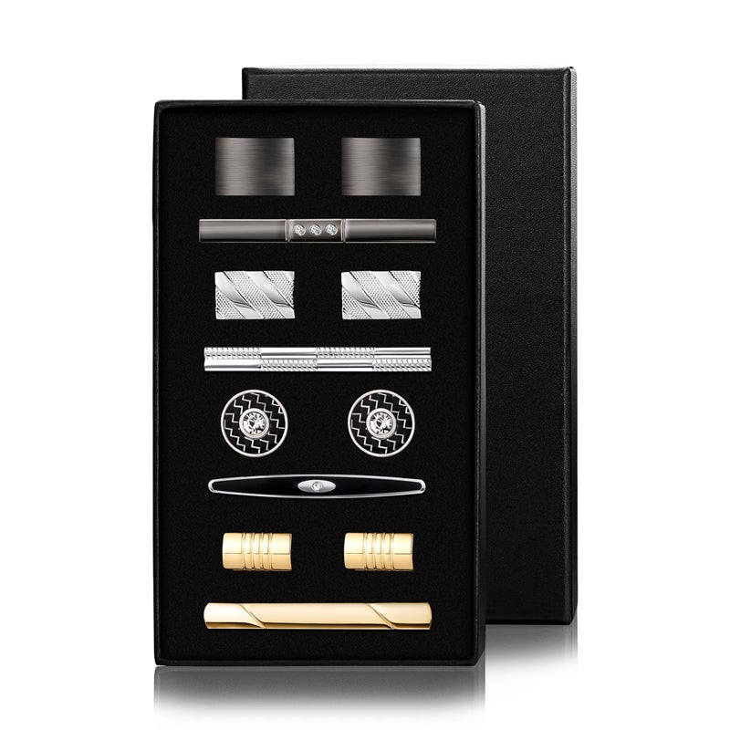 YADOCA Tie Clip Cufflinks Set for Men Necktie Tie Bar Clips Business Shirts Tuxedo Wedding Gift with Box Silver-tone Gold-tone Black - Image 1