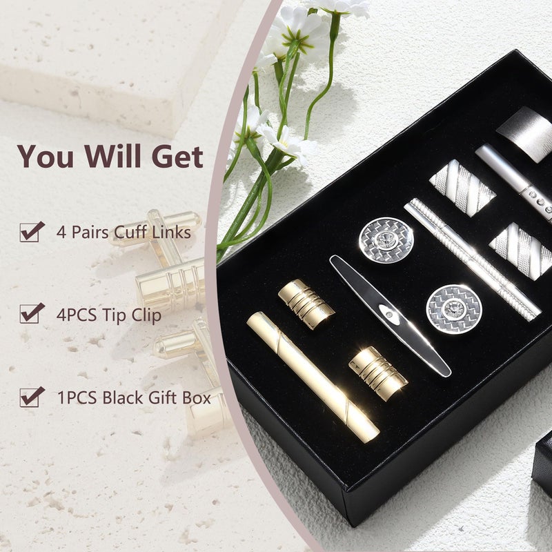 YADOCA Tie Clip Cufflinks Set for Men Necktie Tie Bar Clips Business Shirts Tuxedo Wedding Gift with Box Silver-tone Gold-tone Black - Image 4