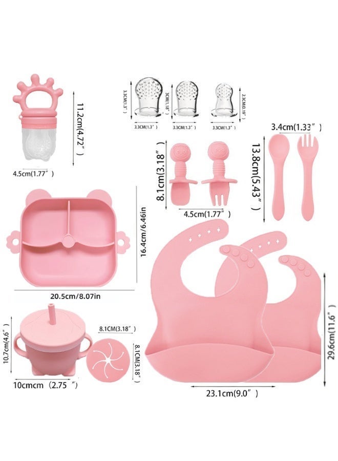 CESETH 13-Piece Silicone Feeding Set For Babies, Suitable For Babies To Feed Themselves. Food-Grade Silicone Without Bisphenol A. Includes Sucking Cup, Adjustable Soft Silicone Bib And Suction Bowl, Milk Cup, Fruit Feeder And Tableware. Suitable For Babies Over 6 Months Or Children For Independent Feeding. Baby Tableware Set - Pink - Image 3