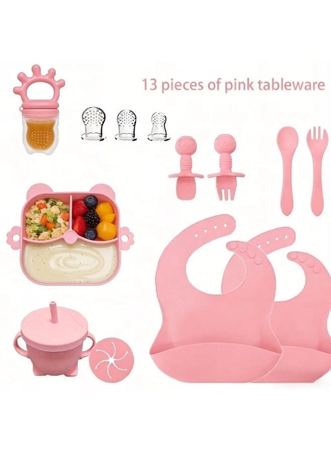 CESETH 13-Piece Silicone Feeding Set For Babies, Suitable For Babies To Feed Themselves. Food-Grade Silicone Without Bisphenol A. Includes Sucking Cup, Adjustable Soft Silicone Bib And Suction Bowl, Milk Cup, Fruit Feeder And Tableware. Suitable For Babies Over 6 Months Or Children For Independent Feeding. Baby Tableware Set - Pink - Image 4