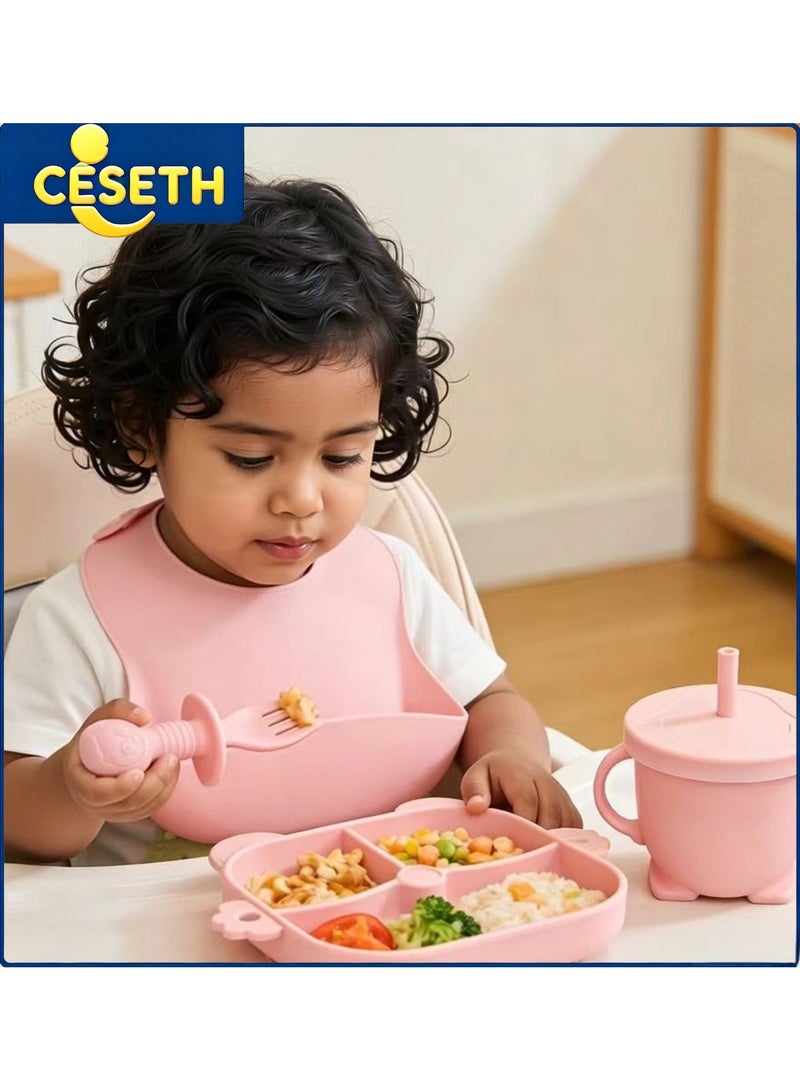 CESETH 13-Piece Silicone Feeding Set For Babies, Suitable For Babies To Feed Themselves. Food-Grade Silicone Without Bisphenol A. Includes Sucking Cup, Adjustable Soft Silicone Bib And Suction Bowl, Milk Cup, Fruit Feeder And Tableware. Suitable For Babies Over 6 Months Or Children For Independent Feeding. Baby Tableware Set - Pink - Image 1
