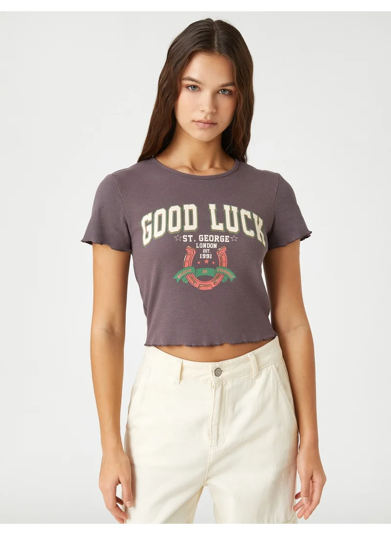 كوتون Crop T-Shirt Slogan Printed Short Sleeve Crew Neck
