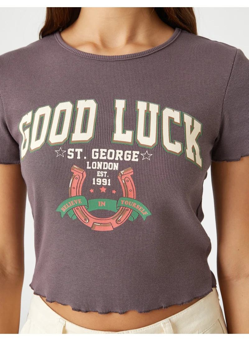 كوتون Crop T-Shirt Slogan Printed Short Sleeve Crew Neck