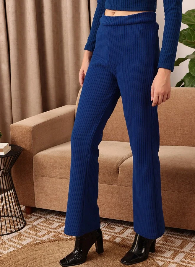 STREET 9 BASICS Blue Knitted Relaxed Mid-Rise Bootcut Trousers for Women