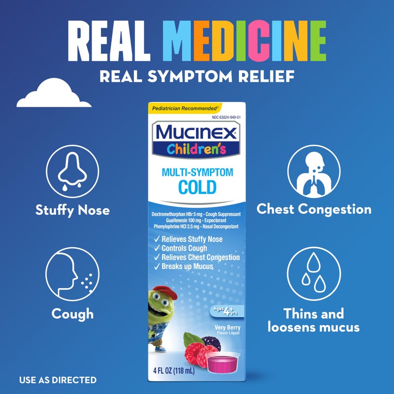 Mucinex Children's Multi-Symptom Cold Relief Liquid- Relieves Stuffy Nose, Chest Congestion, Cough & Mucus, Expectorant & Cough Suppressant with Dextromethorphan, Guaifenesin, Phenylephrine, 4 oz. - Image 2