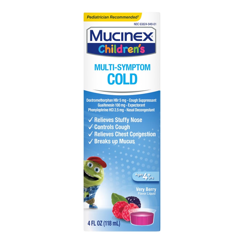 Mucinex Children's Multi-Symptom Cold Relief Liquid- Relieves Stuffy Nose, Chest Congestion, Cough & Mucus, Expectorant & Cough Suppressant with Dextromethorphan, Guaifenesin, Phenylephrine, 4 oz. - Image 1