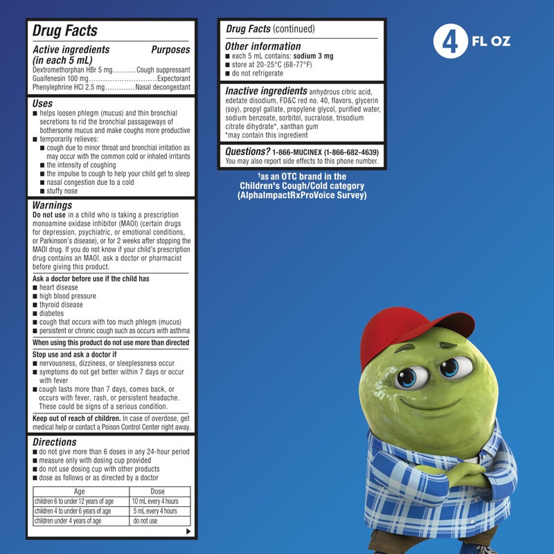 Mucinex Children's Multi-Symptom Cold Relief Liquid- Relieves Stuffy Nose, Chest Congestion, Cough & Mucus, Expectorant & Cough Suppressant with Dextromethorphan, Guaifenesin, Phenylephrine, 4 oz. - Image 3