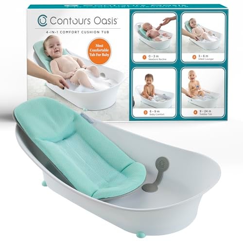 Contours Oasis 4-in-1 Baby Bathtub, Infant Bath Seat, Newborn Toddler Support, Portable, Quick-Dry Mesh Pad, Grow-with-Me, Comfortable, Cleanable, Compact, Non-Slip Base, Blue and White, 0-24 Months - Image 1