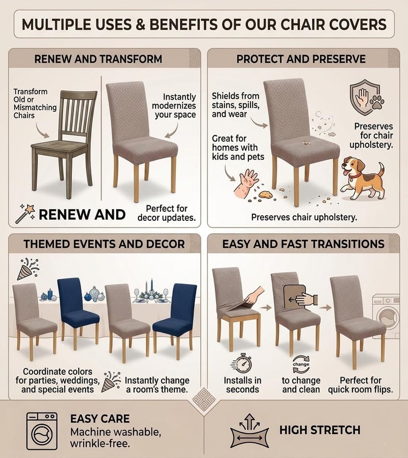Styleys Elastic Chair Cover Stretch Removable Washable Jacquard Dining Chair Cover Protector Seat Slipcover (Pack of 6, Taupe, JCMC20) - Image 5