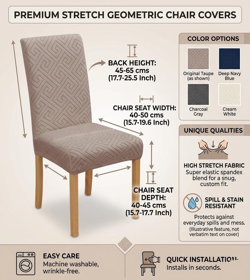 Styleys Elastic Chair Cover Stretch Removable Washable Jacquard Dining Chair Cover Protector Seat Slipcover (Pack of 6, Taupe, JCMC20) - Image 3