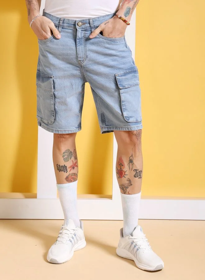 شركة المرآب الهندية Men G-505-CARGO SHORTS Solid Mid-Rise Denim Cargo Shorts