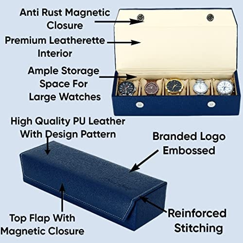 Hard Craft Watch Box Organizer Watch Case Box Organiser Jewelry, Bracelet & Accessories Collection Storage Holder Gift for 5 Slots With Premium Faux Leather Interior & Exterior For Men and Women - Image 4