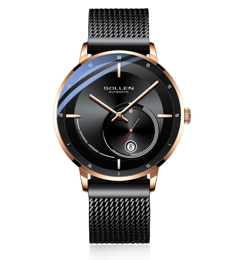 SOLLEN Black Automatic Watches for Men, Minimalist Stainless Steel Mechanical Watch, Luxury Business Waterproof Self-Winding Men's Wrist Watches with Luminous, Unique Gift for Men - Image 1
