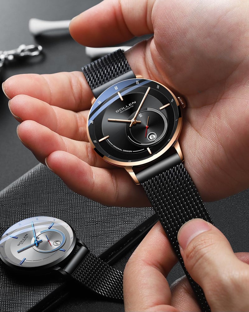 SOLLEN Black Automatic Watches for Men, Minimalist Stainless Steel Mechanical Watch, Luxury Business Waterproof Self-Winding Men's Wrist Watches with Luminous, Unique Gift for Men - Image 3