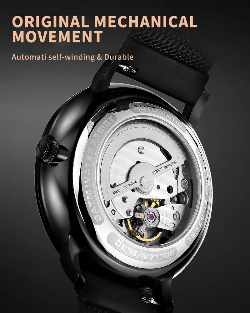 SOLLEN Black Automatic Watches for Men, Minimalist Stainless Steel Mechanical Watch, Luxury Business Waterproof Self-Winding Men's Wrist Watches with Luminous, Unique Gift for Men - Image 4