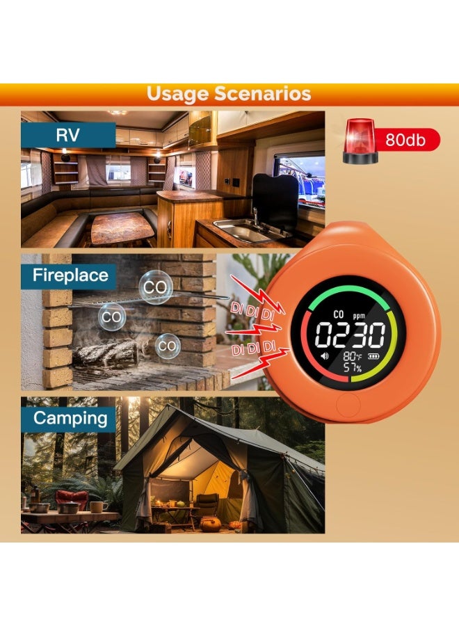 Portable Carbon Monoxide Detector, Travel CO Detector, Mini Size Temperature/Humidity/CO Detector 3 in 1, Alarm Sensor for Outdoor Camping,RV Car Indoor (Orange) - Image 3