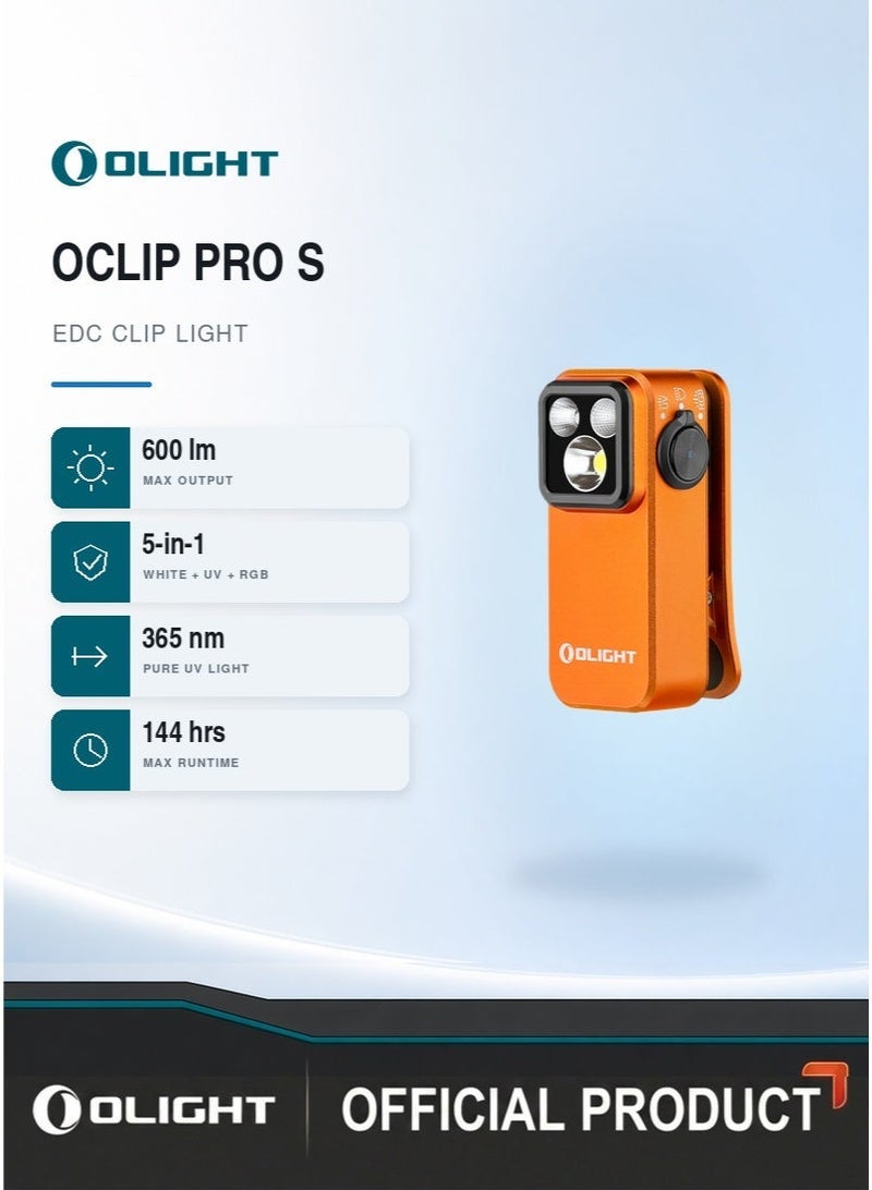 Olight Oclip Pro S (Orange), 600 Lumens 5-in-1 Clip-On EDC Flashlight, 365nm UV & RGB Light, 80m Beam, USB-C Rechargeable Magnetic LED Torch, IPX6 Waterproof, 144h Runtime, 53g - Image 2