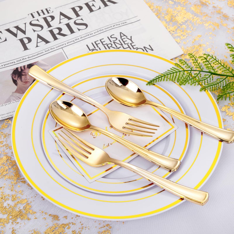 bUCLA 600PCS Gold Plastic Spoons and Forks Set - Plastic Forks and Spoons Disposable - Heavy Duty Gold Silverware Set Party Supplies Include 300 Forks and 300 Spoons for Party&Wedding - Image 2