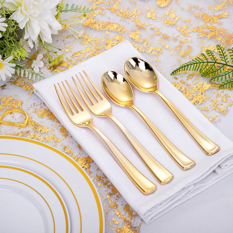 bUCLA 600PCS Gold Plastic Spoons and Forks Set - Plastic Forks and Spoons Disposable - Heavy Duty Gold Silverware Set Party Supplies Include 300 Forks and 300 Spoons for Party&Wedding - Image 3