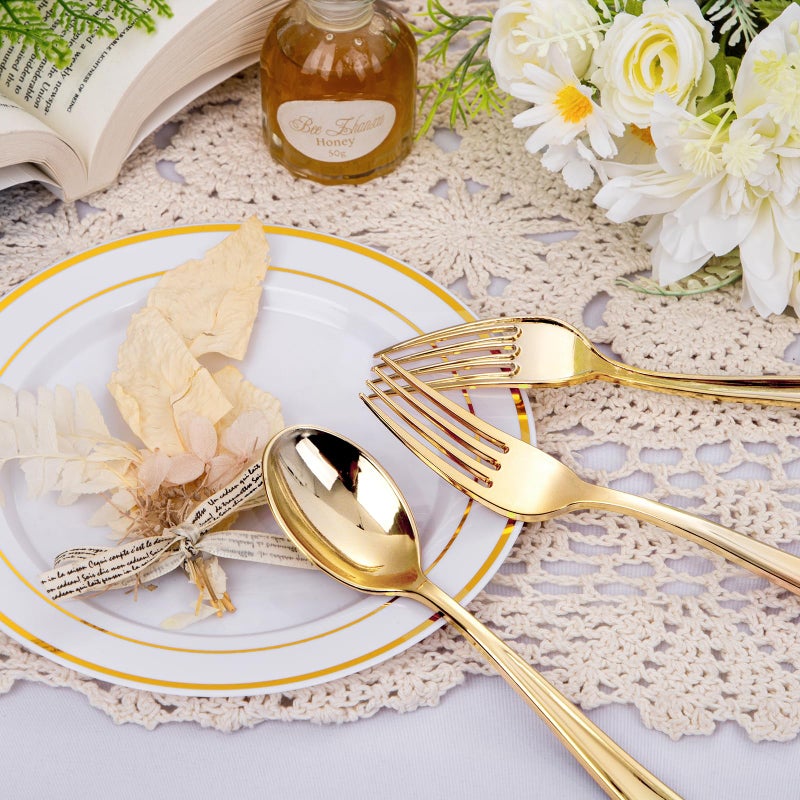 bUCLA 600PCS Gold Plastic Spoons and Forks Set - Plastic Forks and Spoons Disposable - Heavy Duty Gold Silverware Set Party Supplies Include 300 Forks and 300 Spoons for Party&Wedding - Image 5