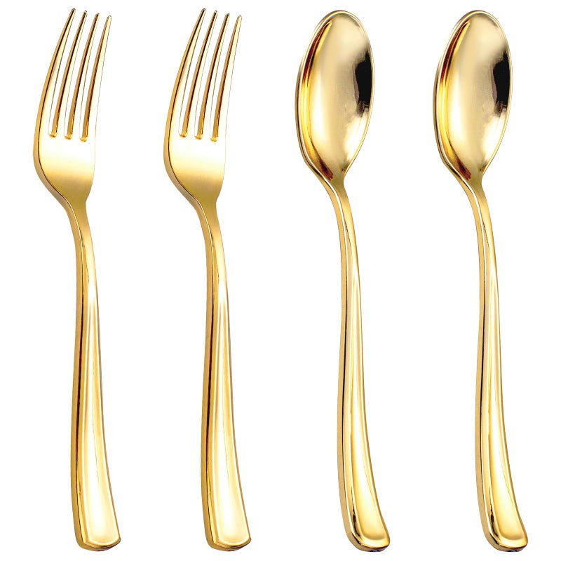bUCLA 600PCS Gold Plastic Spoons and Forks Set - Plastic Forks and Spoons Disposable - Heavy Duty Gold Silverware Set Party Supplies Include 300 Forks and 300 Spoons for Party&Wedding - Image 1