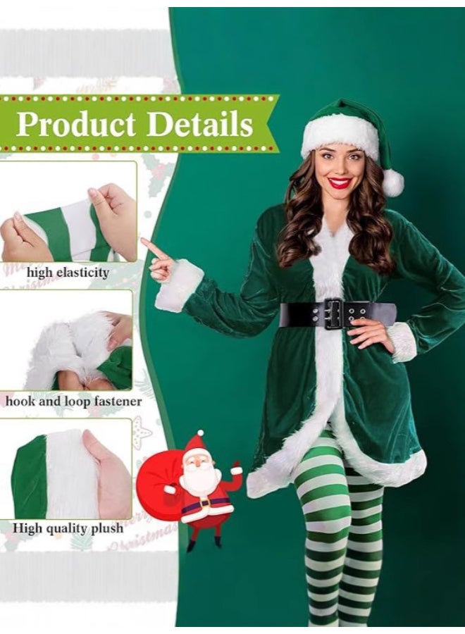 Ciao Women’s Christmas Elf Costume – Green Velvet Long-Sleeve Dress with Fur Trim, Elf Hat, Belt & Green-Striped Stockings Holiday Outfit (Size M) - Image 5