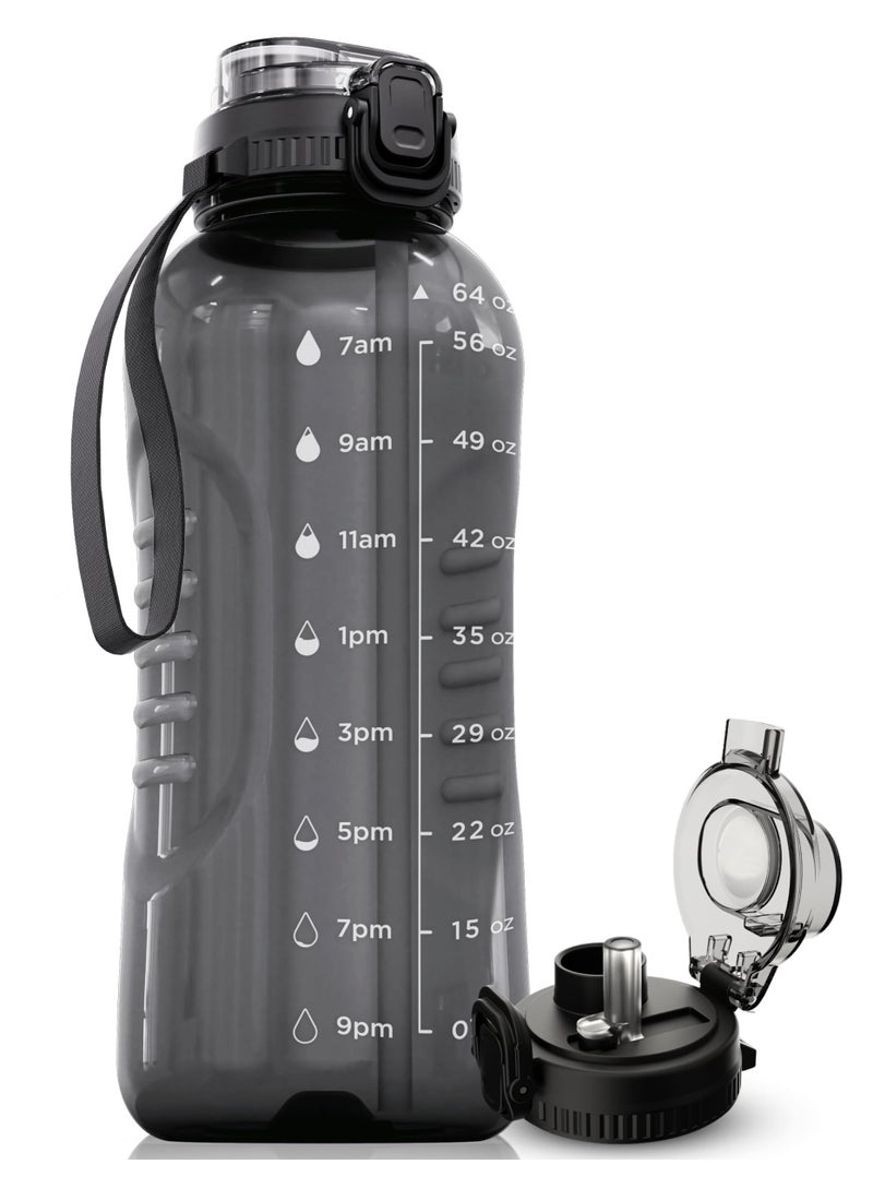AQUAFIT 64 oz Water Bottle with Time Marker  2in1 Straw  Chug Lid  BPA Free Big Water Bottle with Straw  Gym Water Bottle with Strap  Water Jug 64 Ounces Gray