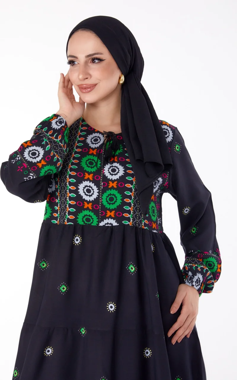 Tofisa Plain Tie Collar Women's Black Patterned Dress - 25708
