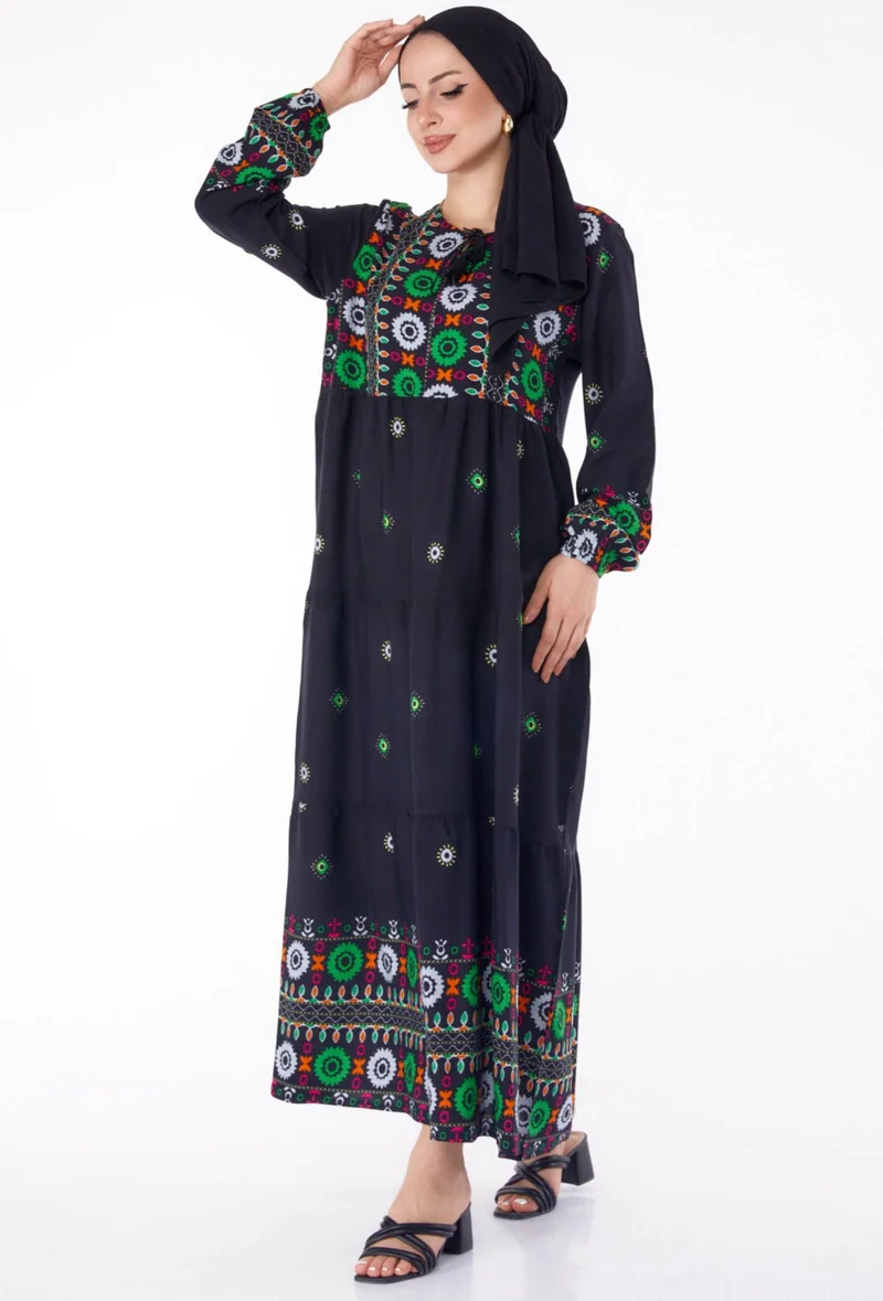 Tofisa Plain Tie Collar Women's Black Patterned Dress - 25708