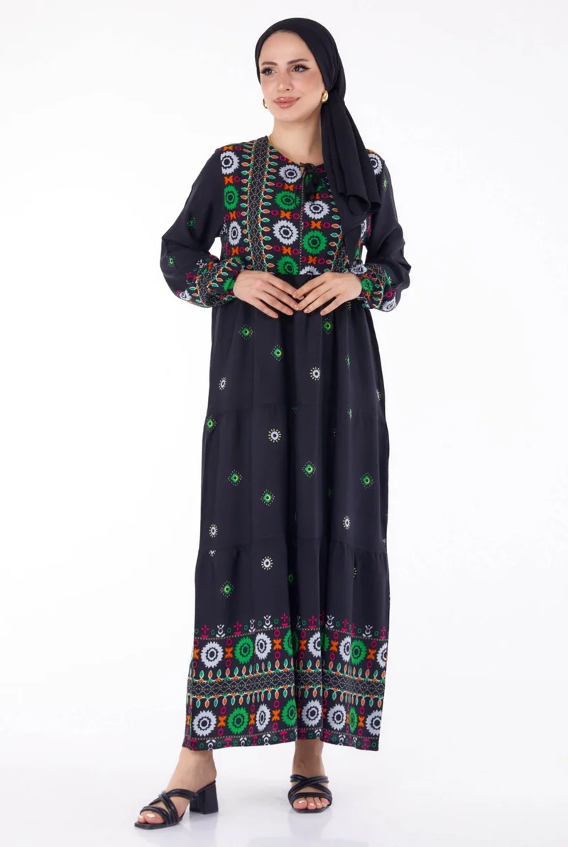 Tofisa Plain Tie Collar Women's Black Patterned Dress - 25708