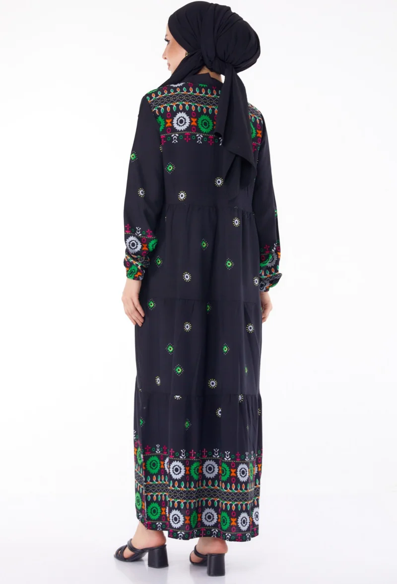 Tofisa Plain Tie Collar Women's Black Patterned Dress - 25708