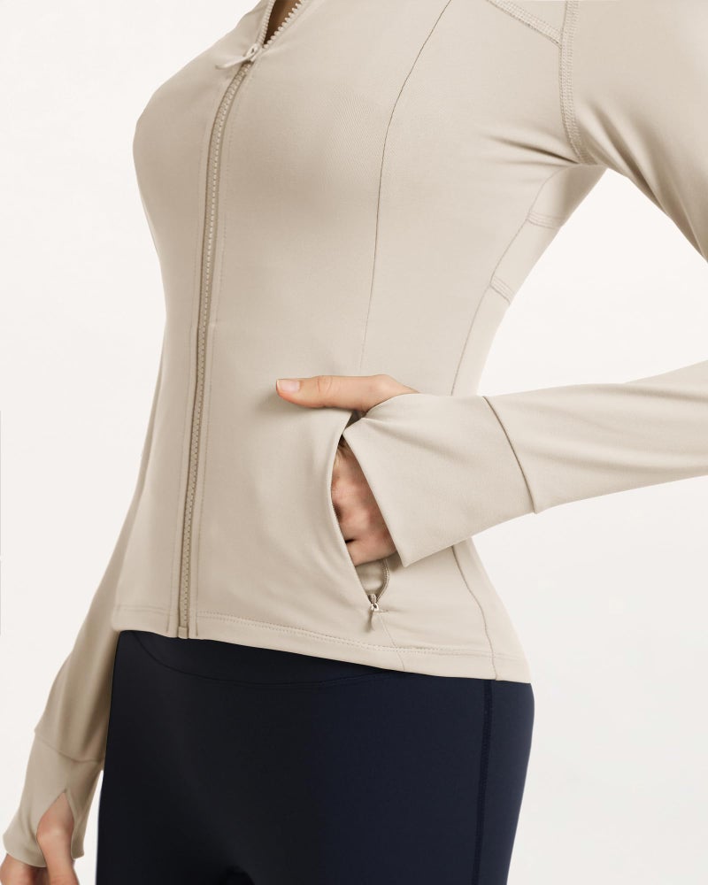 Locachy Women's Slim Fit Full Zip Athletic Running Sports Workout Jacket with Thumb Holes 01 Beige L - Image 5