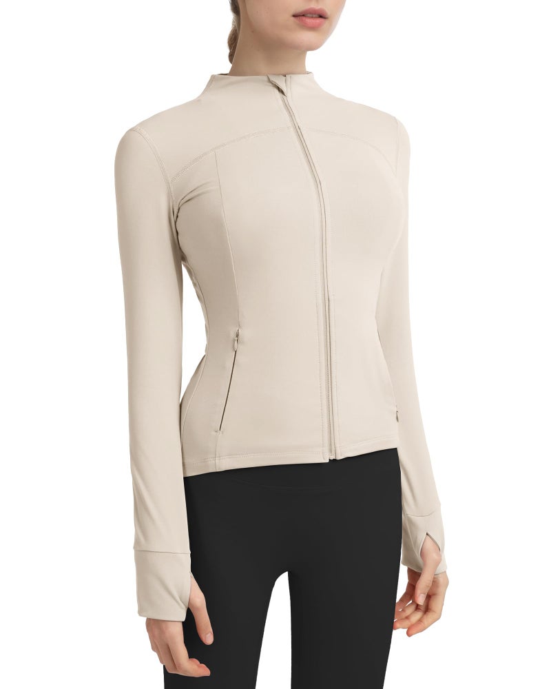 Locachy Women's Slim Fit Full Zip Athletic Running Sports Workout Jacket with Thumb Holes 01 Beige L - Image 1