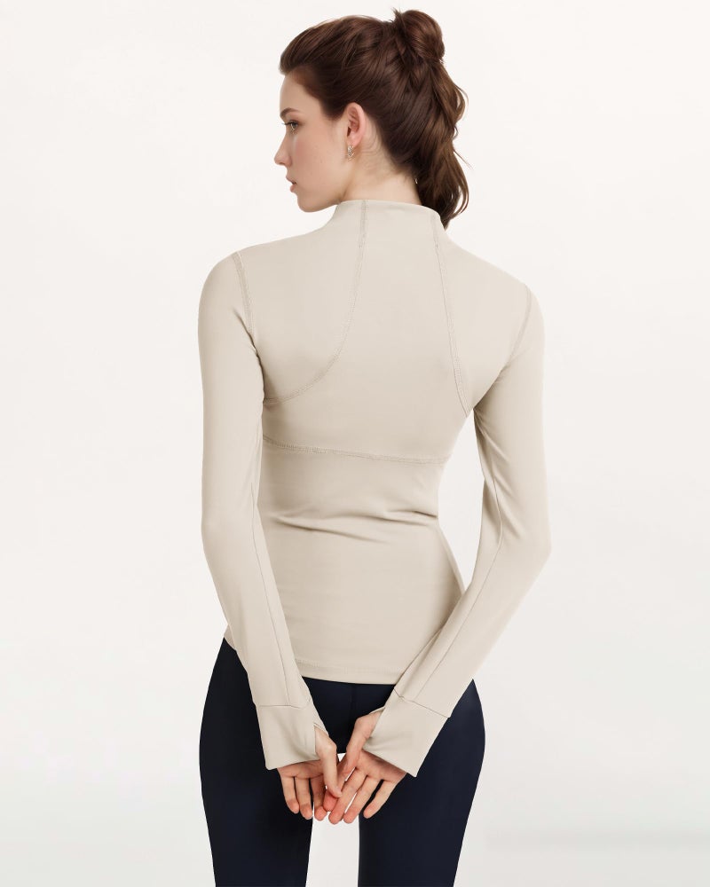Locachy Women's Slim Fit Full Zip Athletic Running Sports Workout Jacket with Thumb Holes 01 Beige L - Image 2