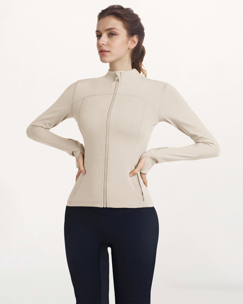 Locachy Women's Slim Fit Full Zip Athletic Running Sports Workout Jacket with Thumb Holes 01 Beige L - Image 4