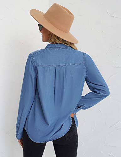 Vetinee Women's Dark Blue Button Down Denim Shirt Collared Classical Casual Vintage Retro Long Sleeve Pockets Tunic Fall Tops Blouse Size XX-Large - Image 2